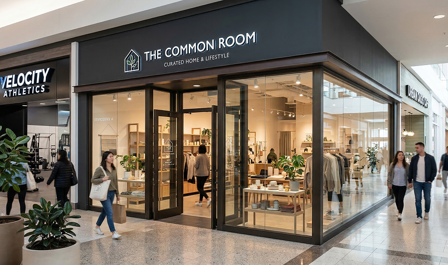 Mall signage with bright, clear store names drawing foot traffic